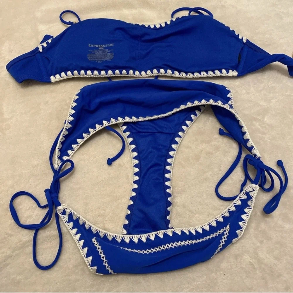 Express Royal Blue and White Embroidered Bikini Set
